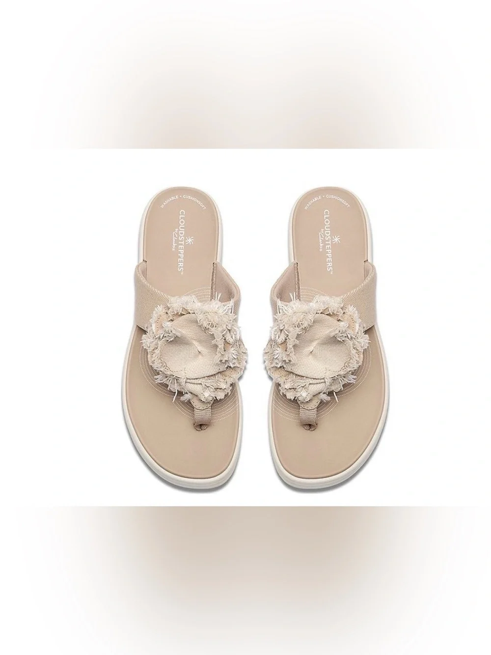 Clarks Beige Frayed Flower Wedge Thong Sandal